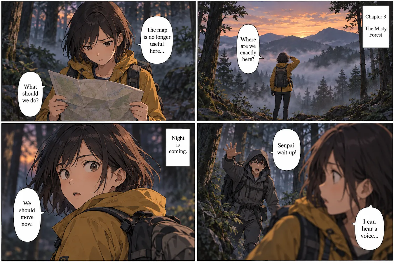 Manga page with the same four panels, its Japanese dialogue and narration boxes translated into English