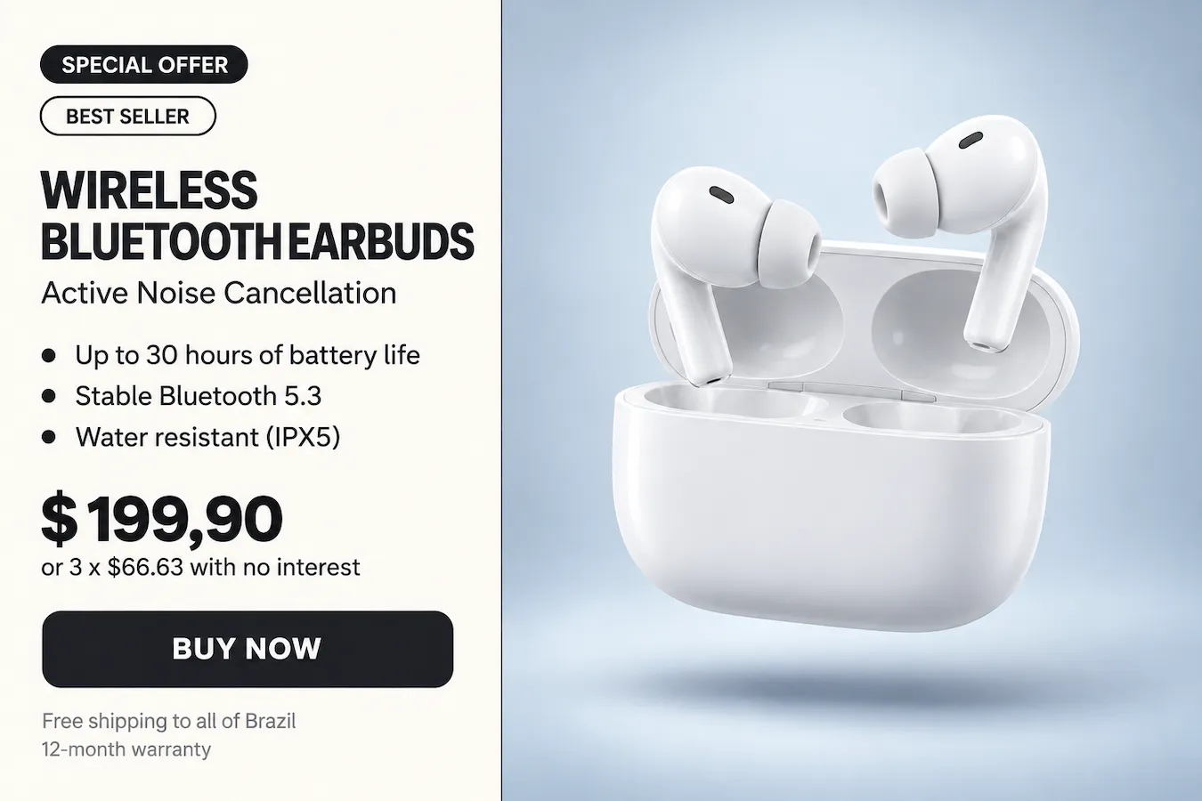Earbud promo image with its Portuguese badges, feature bullets, price, and buy button translated into English