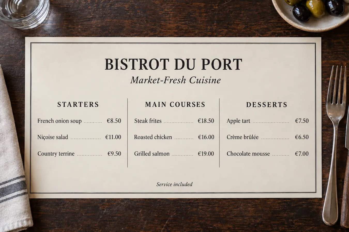 Bistro menu card with its French section headings, dish names, and prices translated into English