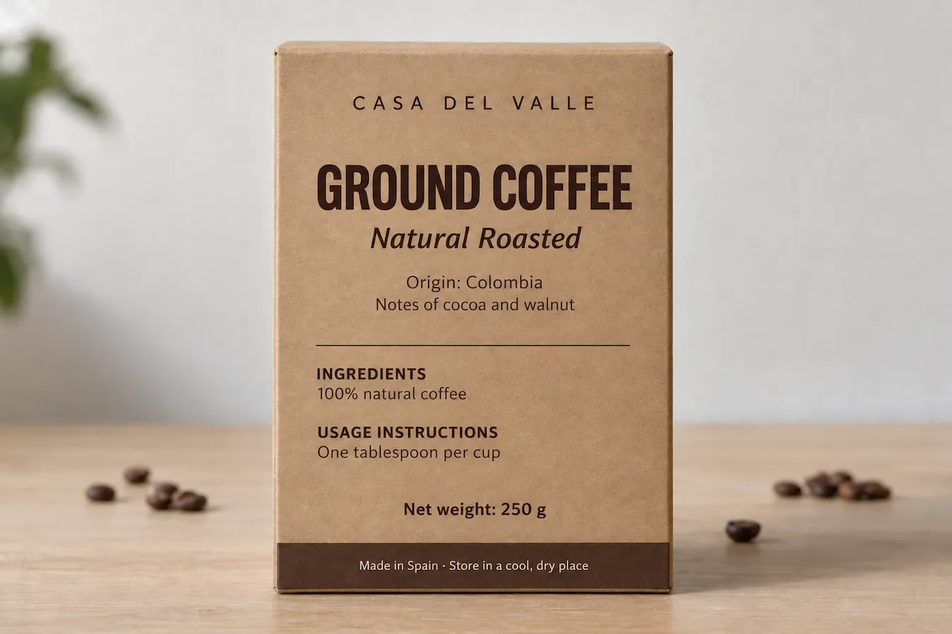 Coffee carton with its Spanish label, ingredient list, and brewing instructions translated into English