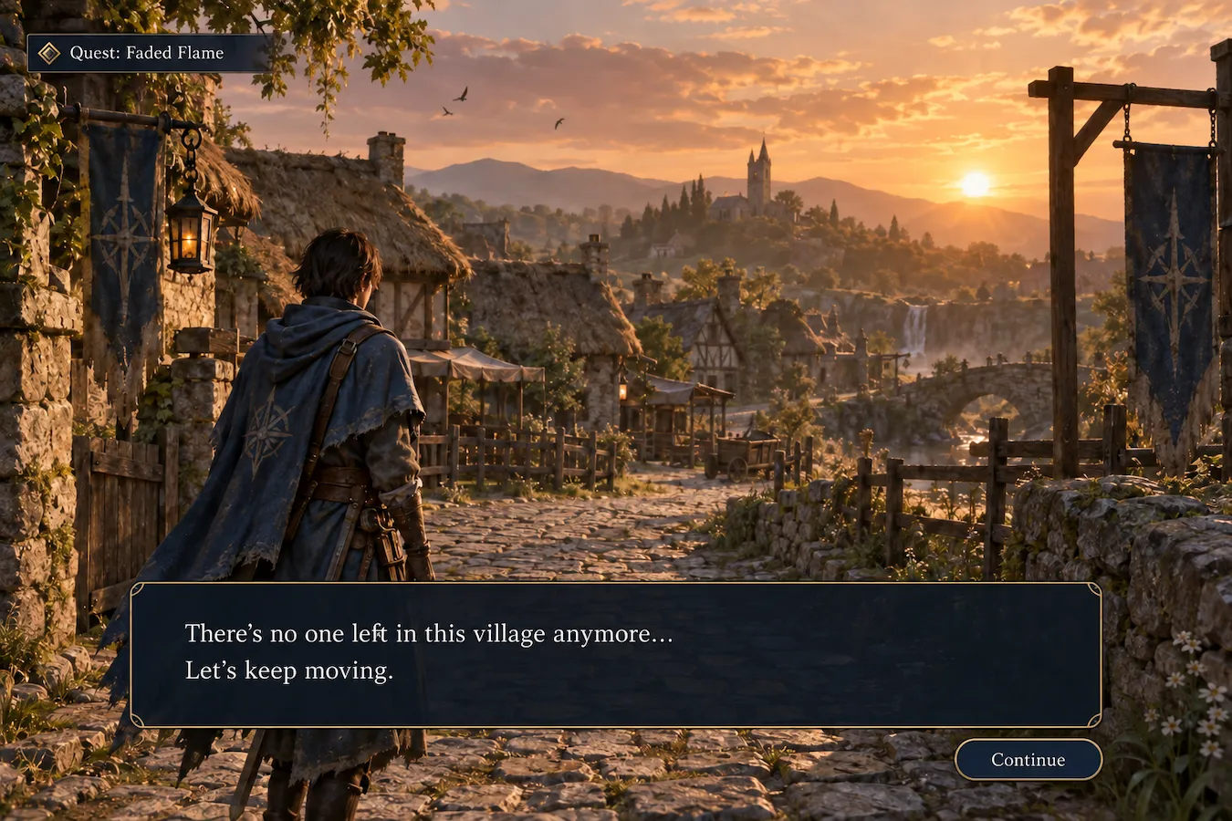 Fantasy RPG screenshot with its Korean dialogue box, quest tracker, and continue button translated into English