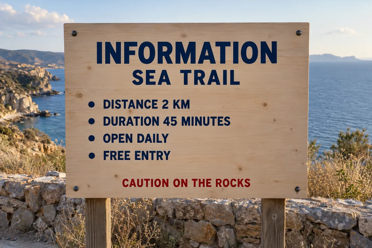 Coastal information board with its Greek heading, trail details, and safety warning translated into English